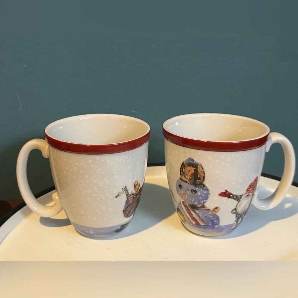 Pair of Williams Sonoma Nordic Elf Festive Snowman and Gnome Stoneware Mugs